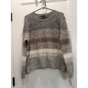 Banana Republic Alpaca Blend Fuzzy Sweater L Striped Gray Neutral Soft Cozy